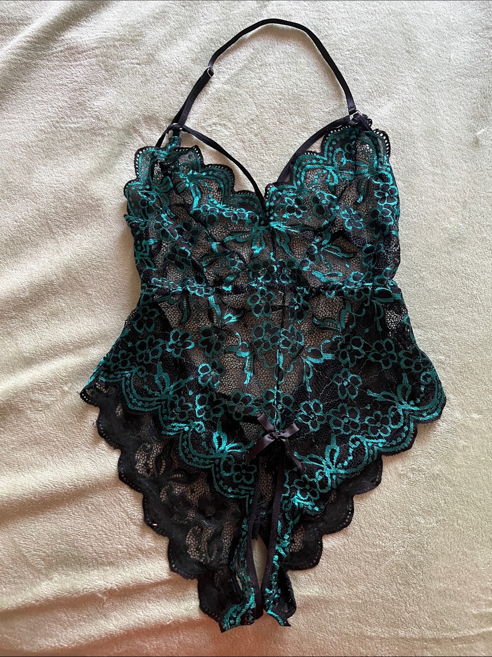 Green & Black Lace Floral Teddy Bodysuit Large